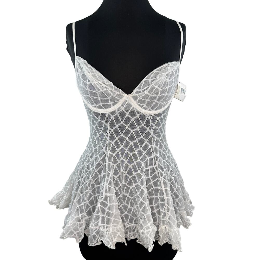 Vintage Justine Colombian White Babydoll Top Sheer Lace Ruffle Hem Size 36 NEW